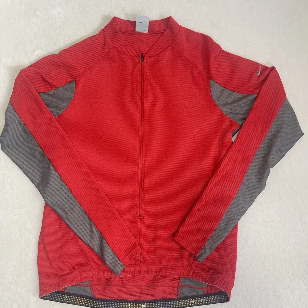 Nike Sphere Dry Jersey XL Red/Gray Long Sleeve Cycling Shirt ¾ Zip Up Pullover
